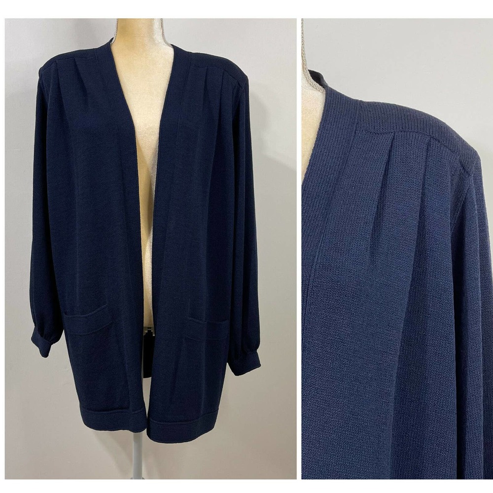 ST. JOHN Basic Santana Knit Open Front Long Cardigan Size S Navy Blue